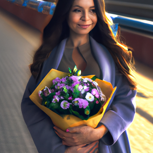 תמונה של אמא טרייה חייכנית אוחזת בזר פרחים