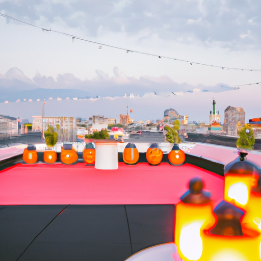 תמונה של אירוע על הגג במרכז העיר עם נוף ציורי של קו הרקיע