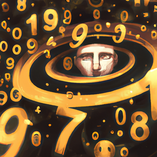 איור של אדם מוקף בהילה של מספרים, כאשר חלק מהמספרים מודגשים בזהב.