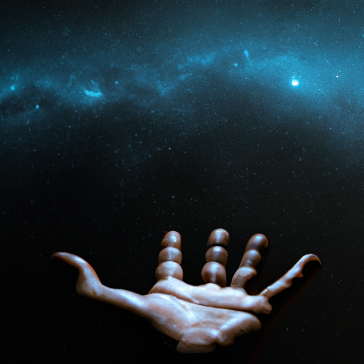 צילום של אדם מביט למעלה אל שמי לילה זרועי כוכבים, ידו מושטת וכף ידו פונה כלפי מעלה.