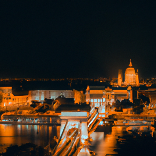 תמונה של הנוף העירוני הציורי של בודפשט בלילה.