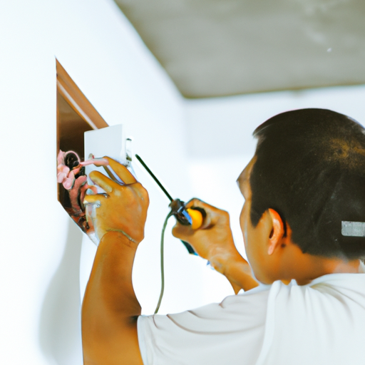 תמונה של טכנאי עושה עבודות חשמל בבניין משרדים.