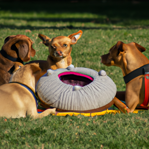 קבוצת כלבים מגזעים שונים, כולם נהנים ממיטת הכלבים של Bell Online בפארק.