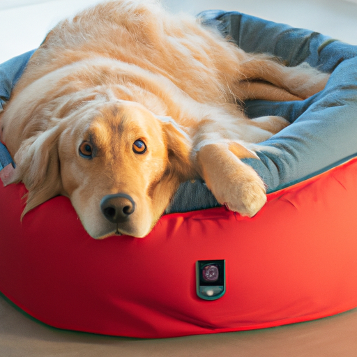 גולדן רטריבר שוכב על מיטת ה-Bell Online Dog Dog, נראה נינוח ונוח.